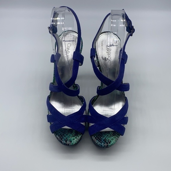 Calvin Klein - Kamille Teal / Blue and Black Snakeskin Platform Sandal Size 6 - Picture 3 of 15